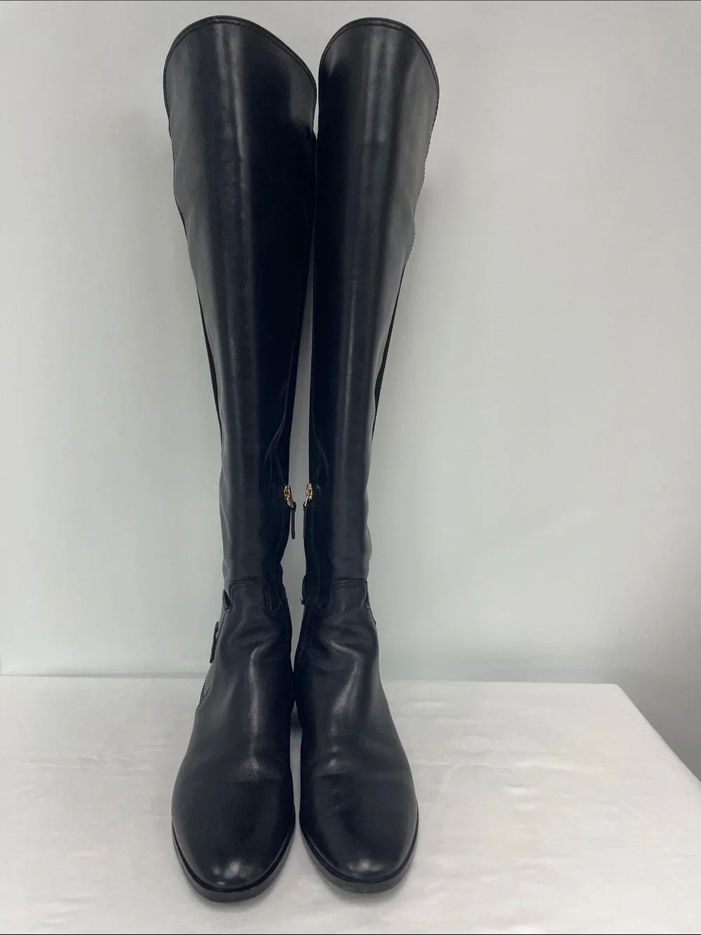 Tory Burch Black Leather & Stretch Over-the-Knee Riding Boots with Buckle
